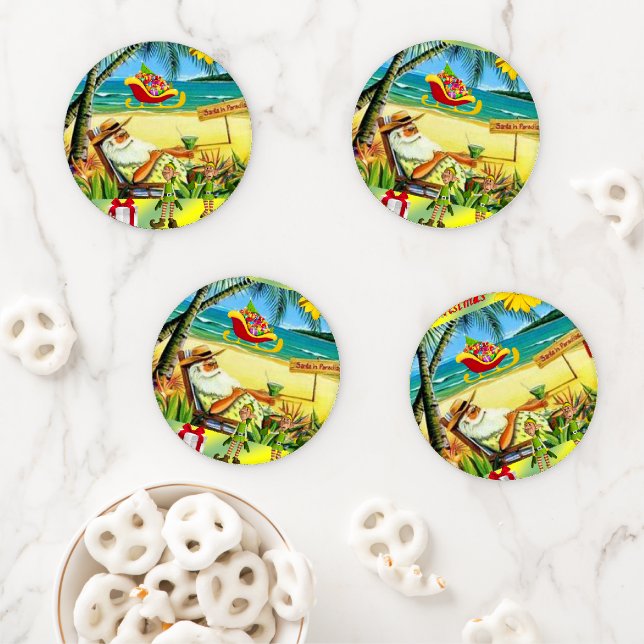 Christmas Ceramic Coaster Set, Beach Santa Set (In Situ)