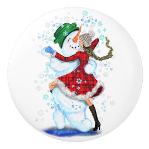 Christmas Ceramic Knob Snowman and Girl Dance