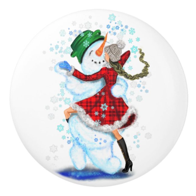 Christmas Ceramic Knob Snowman and Girl Dance (Front)