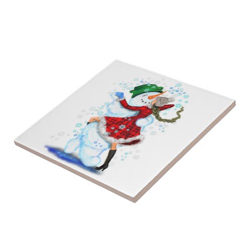 Christmas Ceramic Tile with Snowman and Girl Dance