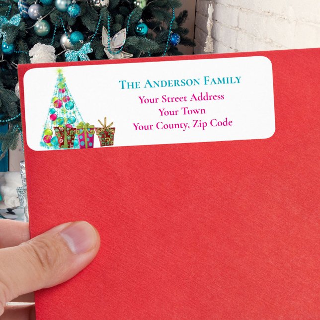 Christmas Cerise & Aqua Fantasy Tree Name  Label (Creator Uploaded)