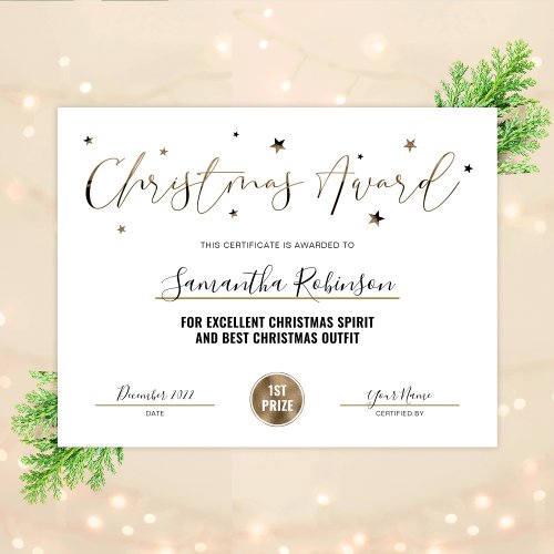 Christmas Certificate Award Gold Glitter Diploma