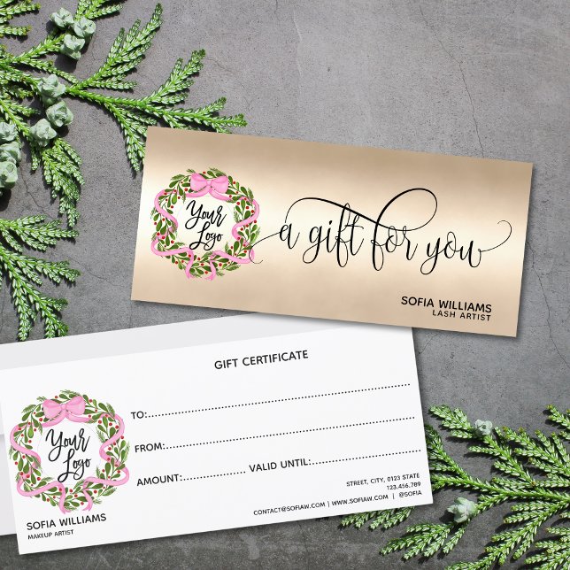 Christmas Certificate Gift Card Bow Wreath Logo (christmas wreath with a pink bow on the gold background)