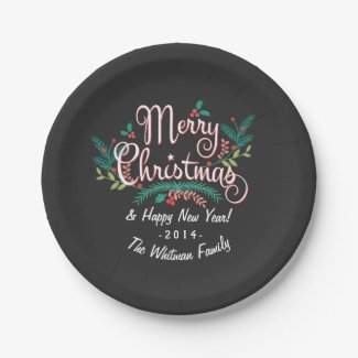 CHRISTMAS CHALKBOARD CUTE HOLLY AND BRANCHES PAPER PLATE