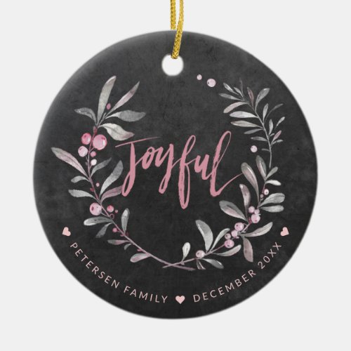 Christmas Chalkboard Mistletoe Blush Joyful Photo Ceramic Ornament