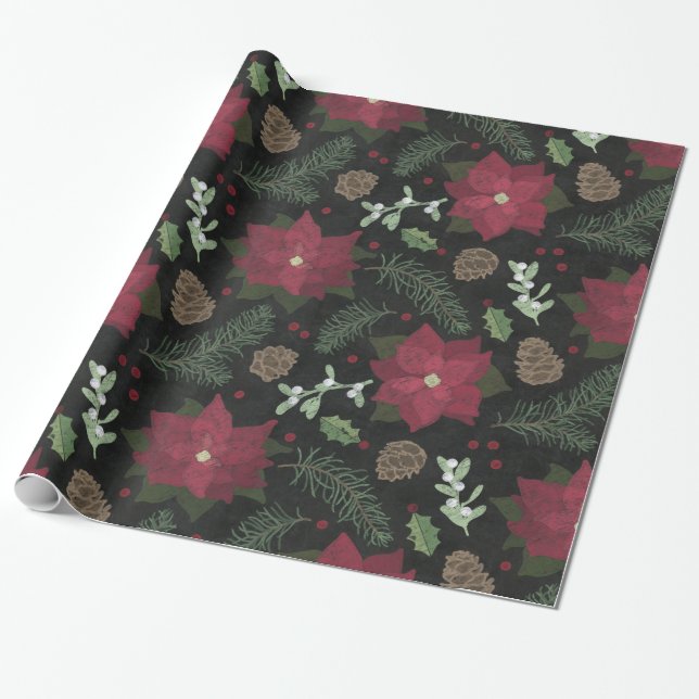 Christmas Chalkboard Winter Flowers & Foliage Wrapping Paper (Unrolled)