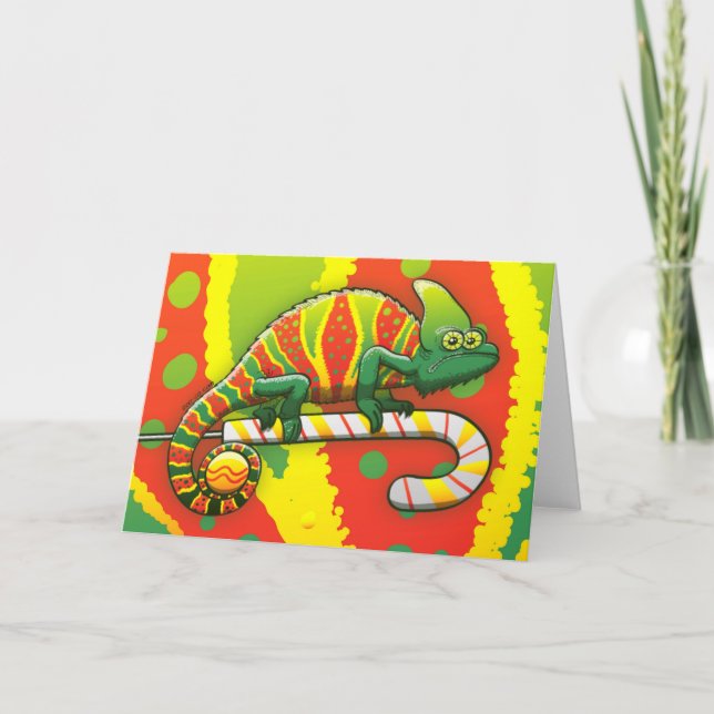 Christmas Chameleon Walking on a Candy Cane Holiday Card (Front)