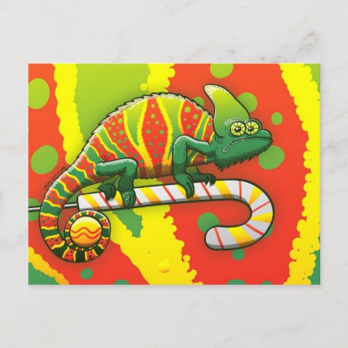 Christmas Chameleon Walking on a Candy Cane Holiday Postcard
