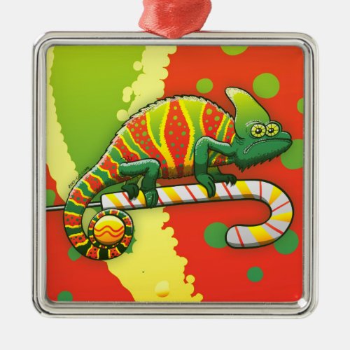 Christmas Chameleon Walking on a Candy Cane Metal Ornament