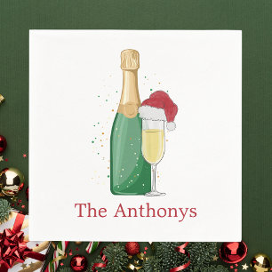 Christmas Champagne Bottle & Santa Hat Flute Name Napkins