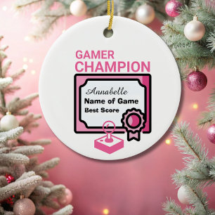 Christmas Champion Gamer Pink and Black Ceramic Ornament