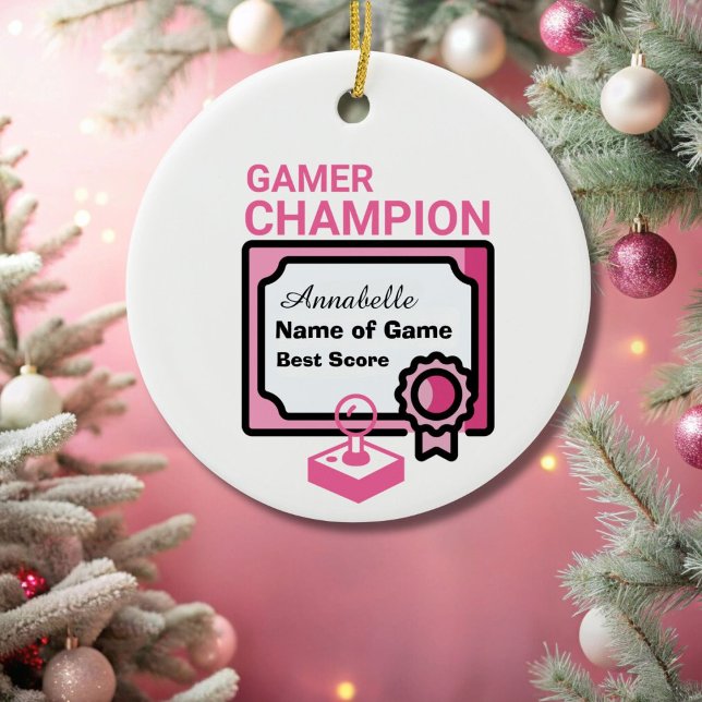 Christmas Champion Gamer Pink and Black Ceramic Ornament (Creator Uploaded)