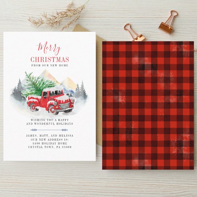 Christmas Change of Address Red Truck Moving Business Card (Rustic Plaid Christmas Red Truck Holidays Moving Announcement)