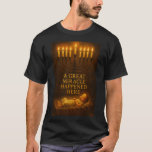Christmas Chanukah Christian T-Shirt<br><div class="desc">A Christian t-shirt depicting a Chanukah menorah shining it's light down on the baby Jesus in a manger with the words "A Great Miracle Happened Here".</div>