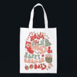 Christmas Chanukah hanukkah Groovy Vibes Grocery Bag<br><div class="desc">It's a holiday mash up with this cute Holly Jolly Vibes & Happy Challah Days funny reusable gift bag. Funky colors of reds, pinks and greens with Christmas and Chanukah or Hanukkah icons, menorah, dreidel, christmas tree, stocking, lights, jewish star of David, and candy cane. Great gift bag for tenants,...</div>