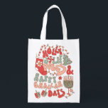 Christmas Chanukah hanukkah Groovy Vibes Grocery Bag<br><div class="desc">It's a holiday mash up with this cute Holly Jolly Vibes & Happy Challah Days funny reusable gift bag. Funky colors of reds, pinks and greens with Christmas and Chanukah or Hanukkah icons, menorah, dreidel, christmas tree, stocking, lights, jewish star of David, and candy cane. Great gift bag for tenants,...</div>