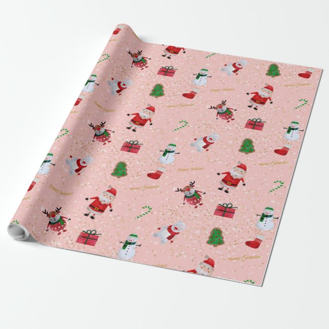 Christmas Character on Pink and Gold Glitter Wrapping Paper (Unrolled)