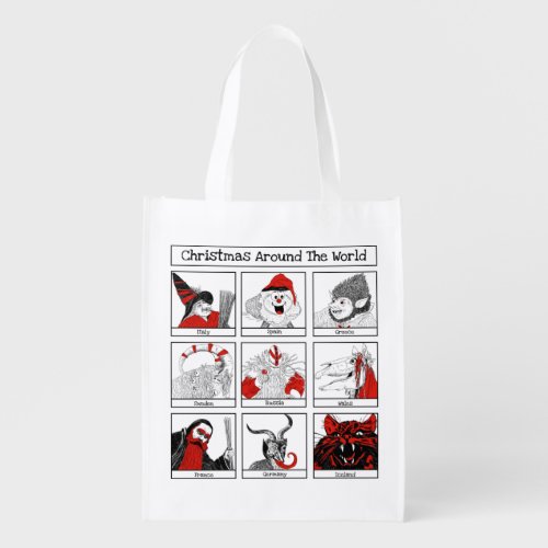 Christmas Characters Around The World Illustration Grocery Bag