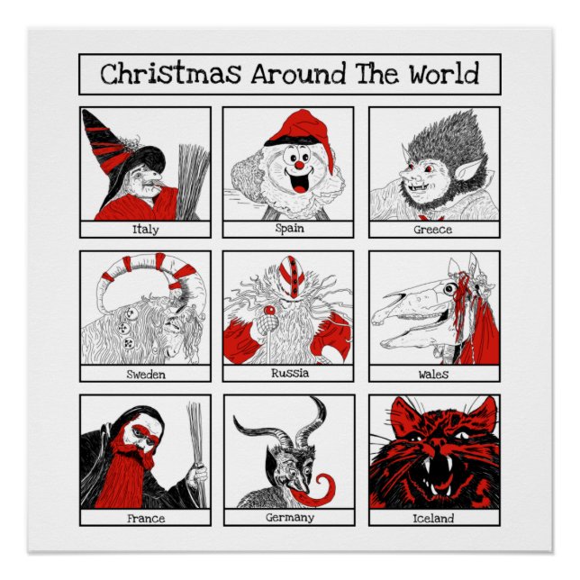 Christmas Characters Around The World Illustration Poster (Front)
