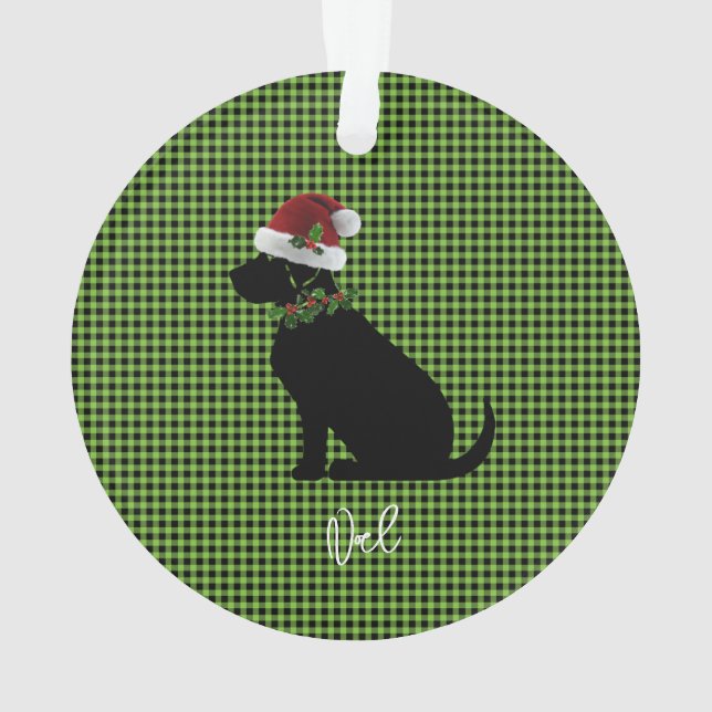 Christmas Check Green Black Lab Pattern Name Fun Ornament (Back)