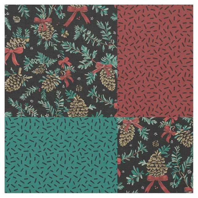 Christmas Check Pine Cone Ribbon Green Black Red Fabric (Close Up)