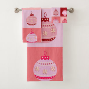 Christmas Check - Pink And Red Checkered Ornaments Bath Towel Set