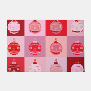 Christmas Check - Pink And Red Checkered Ornaments Doormat