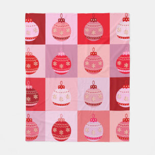 Christmas Check - Pink And Red Checkered Ornaments Fleece Blanket