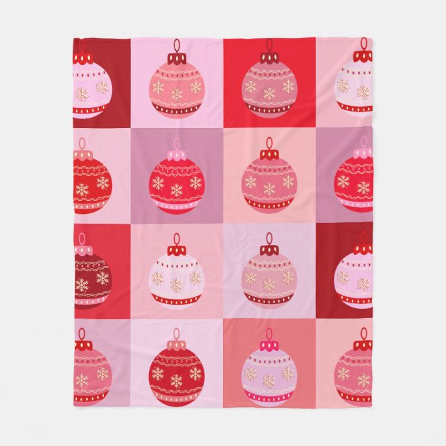 Christmas Check - Pink And Red Checkered Ornaments Fleece Blanket (Front)