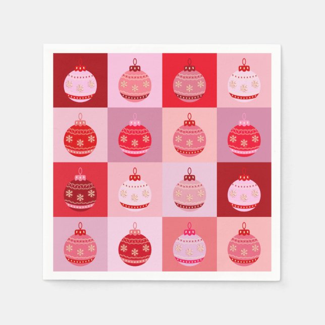 Christmas Check - Pink And Red Checkered Ornaments Napkins (Front)