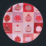 Christmas Check - Pink And Red Checkered Ornaments Paper Plates<br><div class="desc">Christmas checkered pattern decorations – pink and red festive checkerboard with decorative baubles,  perfect for the Holiday season!</div>