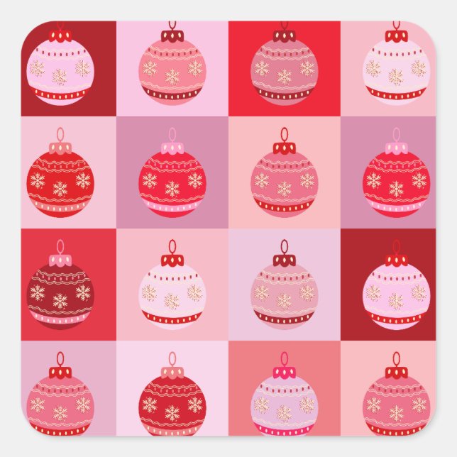 Christmas Check - Pink And Red Checkered Ornaments Square Sticker (Front)