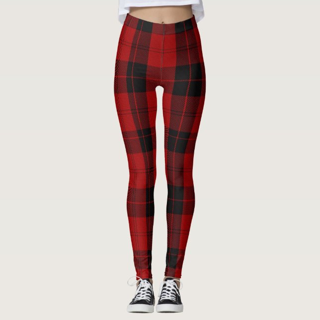 Christmas checkered pattern Red Buffalo Plaid Leggings (Front)