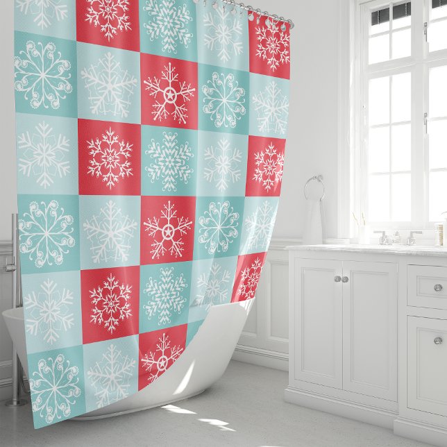 Christmas Checkered Snowflakes Shower Curtain (Creator Uploaded)