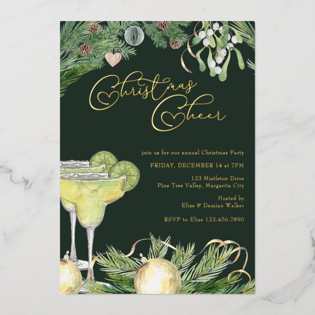 Christmas Cheer Margarita and Mistletoe Party Gold Foil Invitation (Front)