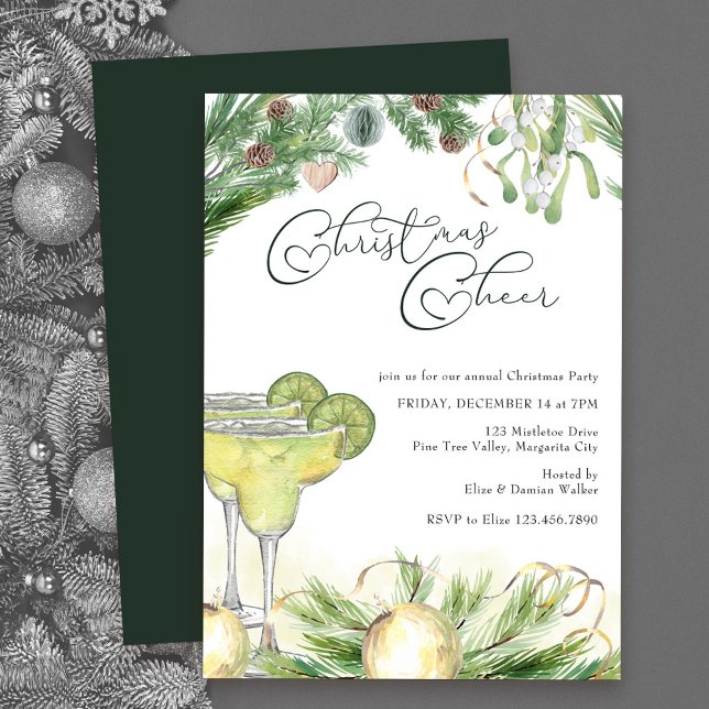 Christmas Cheer Margaritas and Mistletoe Party Invitation (Christmas Party Invitation with Christmas Cheer, Margaritas and Mistletoe)