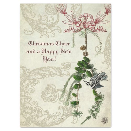 CHRISTMAS CHEER WITH VINTAGE BIRD AND BOUGH TISSUE PAPER