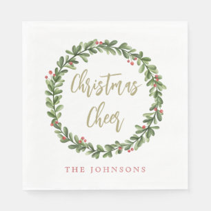 Christmas Cheer Wreath Gold Script Personalized Napkins