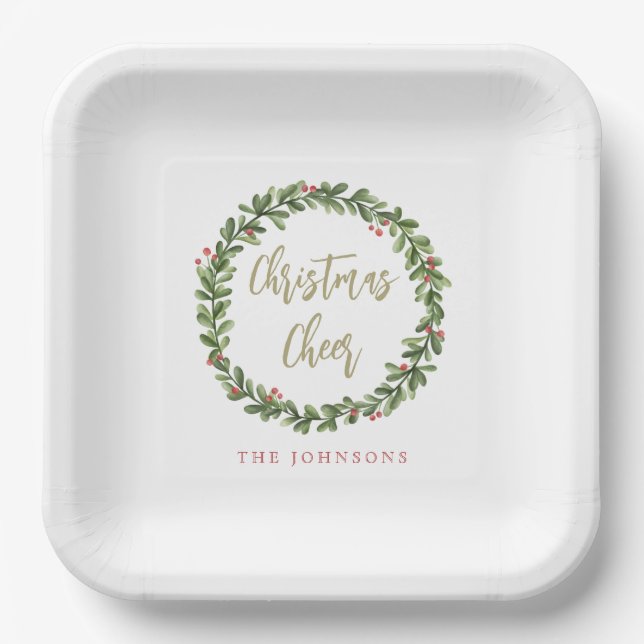Christmas Cheer Wreath Gold Script Personalized Paper Plates (Front)