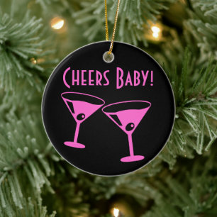 Christmas Cheers baby Neon pink cocktail glasses Ceramic Ornament