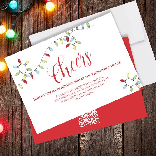 Christmas Cheers Colorful String Lights QR Code  Invitation