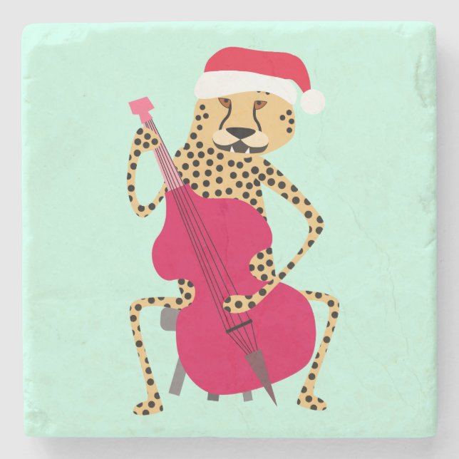 Christmas Cheetah Playing Bass Stone Coaster (Front)