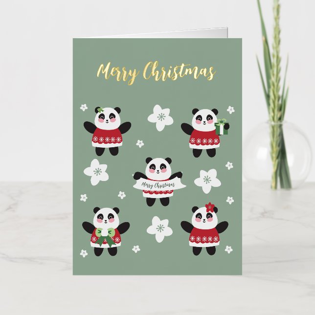 Christmas Cherry Blossom Panda Foil Greeting Card (Front)