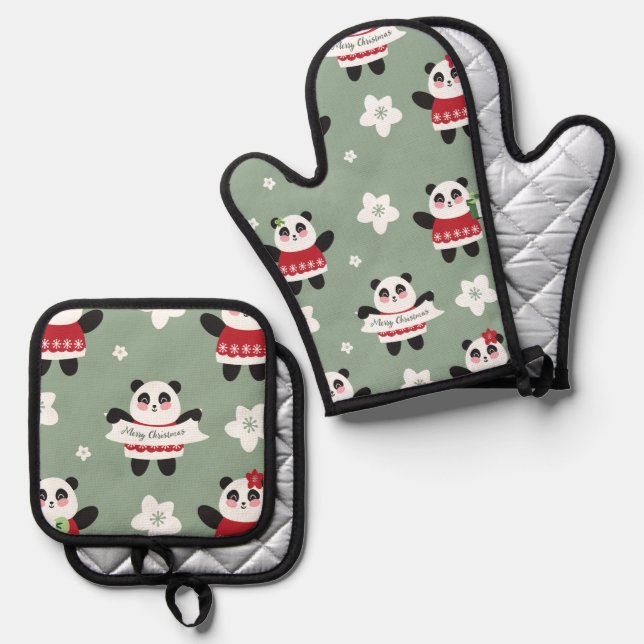 Christmas Cherry Blossom Panda Oven Mitt & Pot Holder Set (Front/Back)