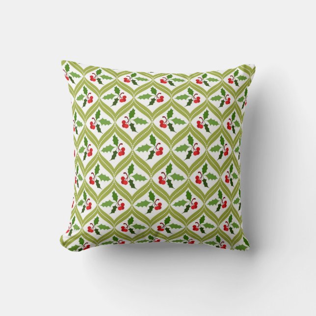 Christmas cherry red green pattern throw pillow (Front)