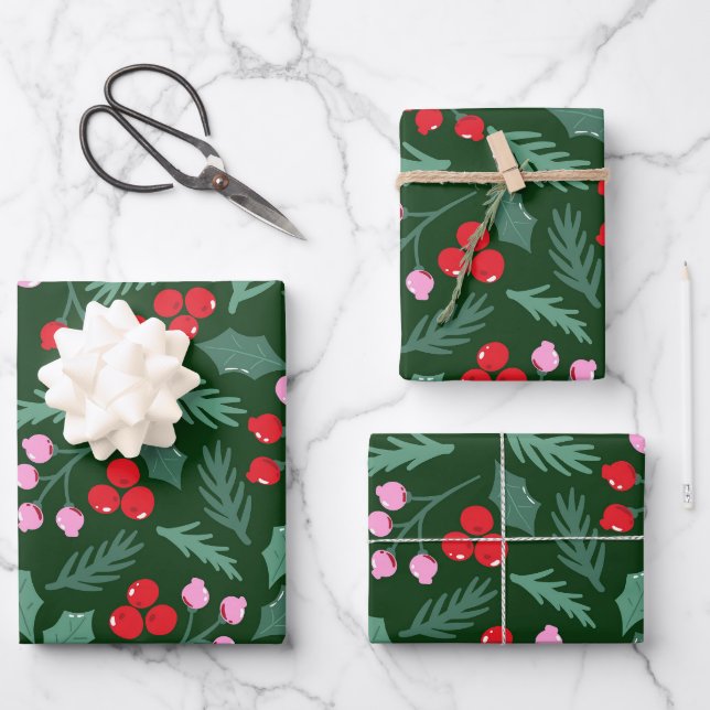 Christmas cherry seamless pattern wrapping paper sheets (Front)