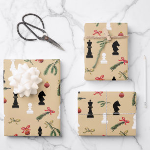 Christmas Chess Pieces Game Pattern Beige Wrapping Paper Sheets