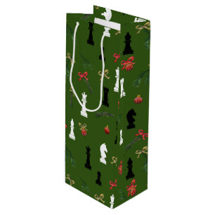Christmas Chess Pieces Game Pattern Green Wine Gift Bag