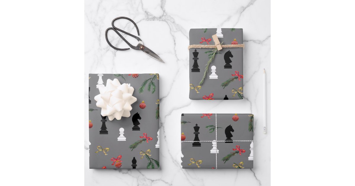 Christmas Chess Pieces Game Pattern Grey Wrapping Paper Sheets | Zazzle