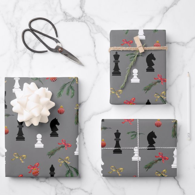 Christmas Chess Pieces Game Pattern Grey Wrapping Paper Sheets (Front)